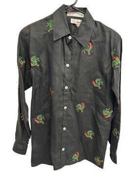 Vintage Casey Coleman Rooster Embroidery Linen Shirt Black Multi Sz Small Retro